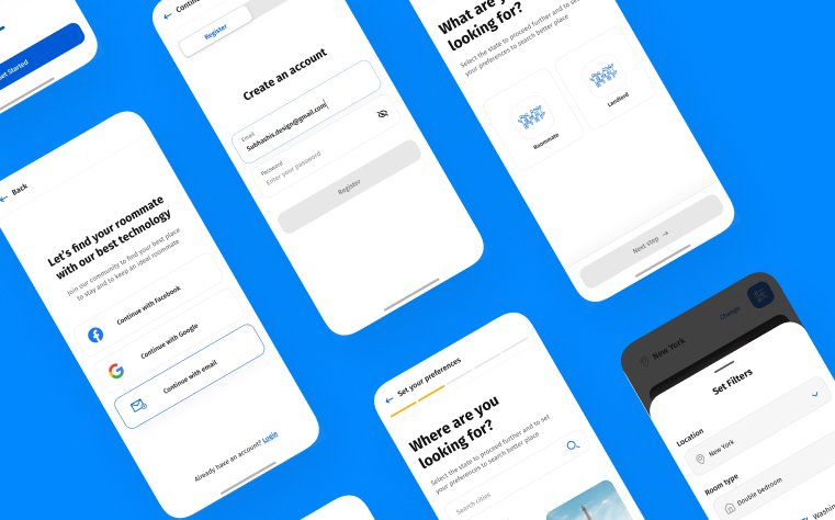Roommate Finder App case study - App screens showing roommate matching interface